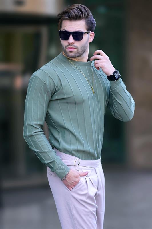 Çağla Yeşili Erkek Bisiklet Yaka Çizgili Uzun Kollu Kazak 7244