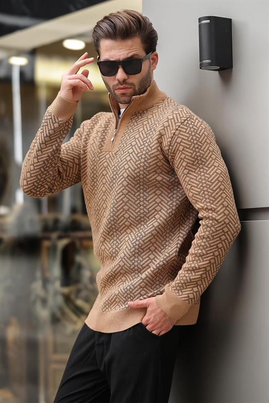 Camel Fermuar Yaka Uzun Kollu Desenli Örme Kazak E7287