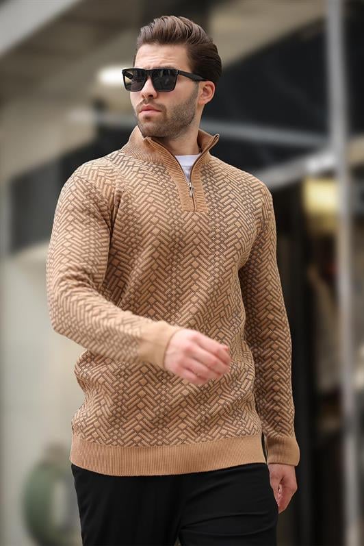 Camel Fermuar Yaka Uzun Kollu Desenli Örme Kazak E7287