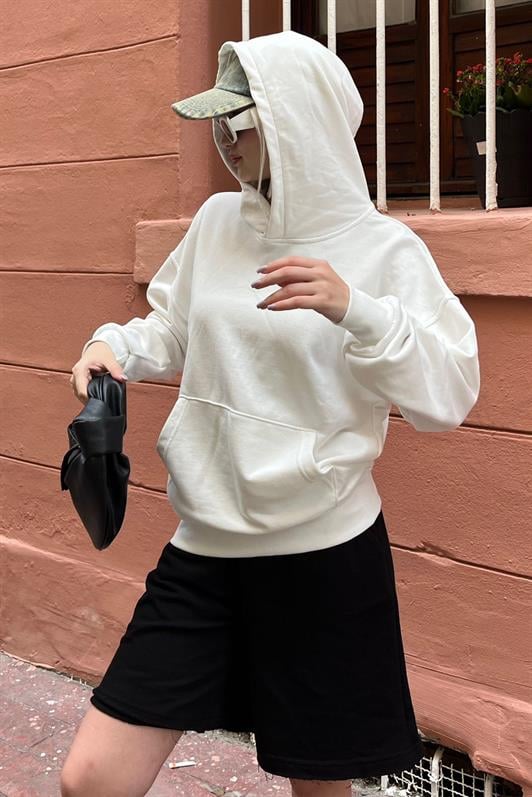 Ekru Kapüşonlu Oversize Cepli Sweatshirt MG2207