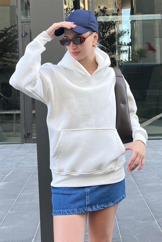 Ekru Kapüşonlu Şardonlu Oversize Cepli Sweatshirt MG2206