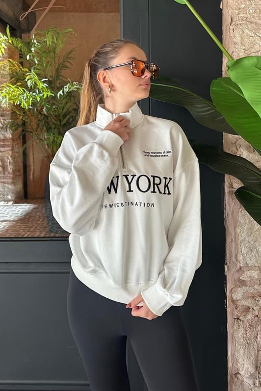 Ekru Yarım Fermuarlı Baskılı Sweatshirt MG2240