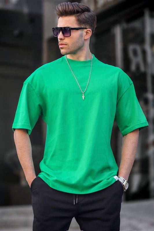 Erkek Parlak Yeşil Oversize Fit Basic Tişört 6066
