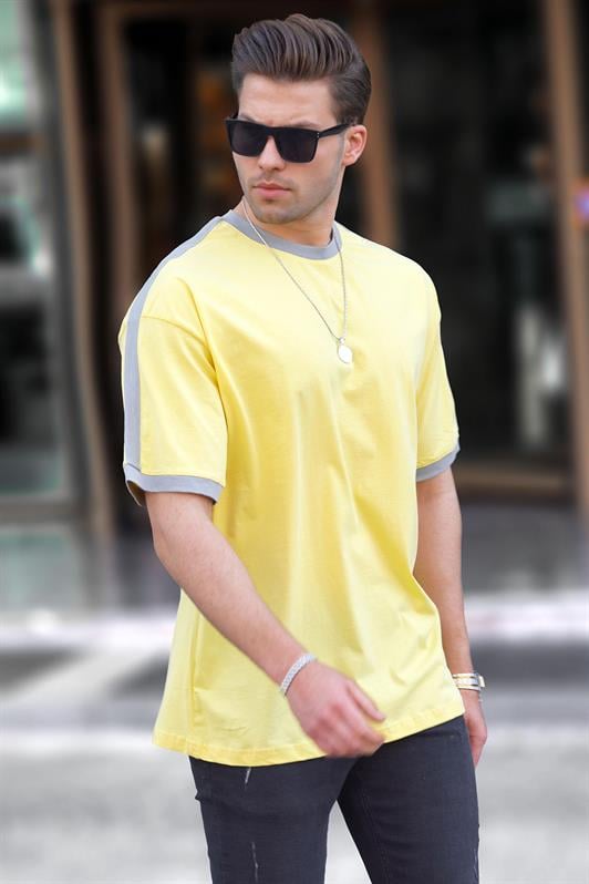 Erkek Sarı Oversize Şerit Detaylı Basic Tişört 7023