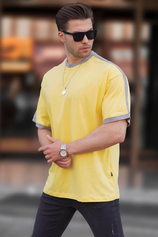 Erkek Sarı Oversize Şerit Detaylı Basic Tişört 7023