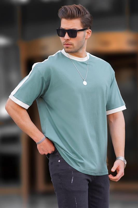 Erkek Yeşil Oversize Şerit Detaylı Basic Tişört 7023
