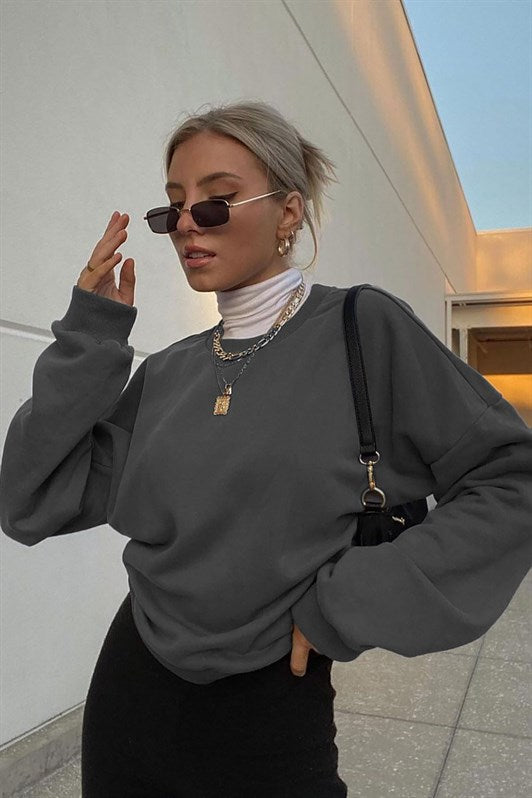 Füme Bisiklet Yaka Basic Kadın Sweatshirt MG1559