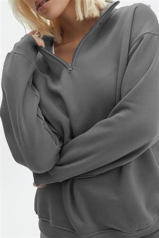 Füme Fermuar Detaylı Oversize Kadın Sweatshirt MG1933