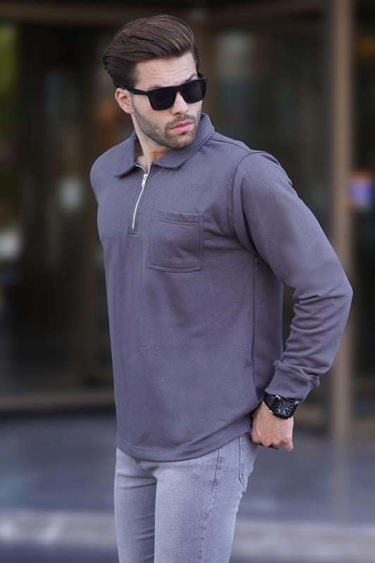 Füme Polo Yaka Fermuarlı Uzun Kollu Erkek Sweatshirt 7057