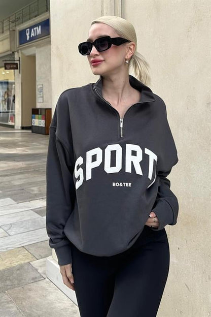 Füme Yarım Fermuarlı Baskılı Sweatshirt MG2212