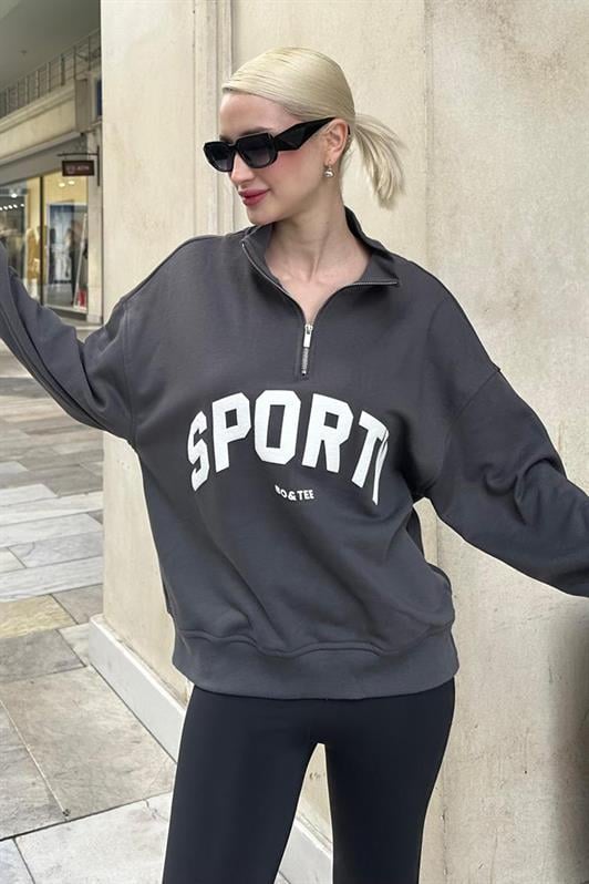 Füme Yarım Fermuarlı Baskılı Sweatshirt MG2212