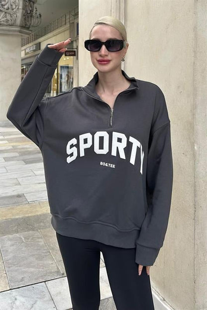 Füme Yarım Fermuarlı Baskılı Sweatshirt MG2212