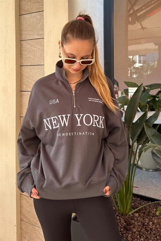 Füme Yarım Fermuarlı Baskılı Sweatshirt MG2240