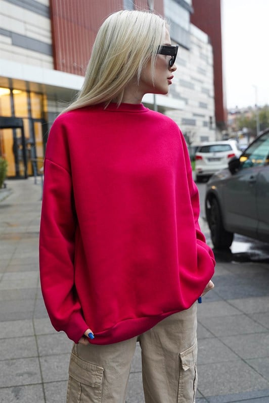 Fuşya Bisiklet Yaka Basic Kadın Sweatshirt MG1559