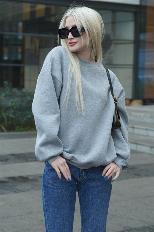 Gri Bisiklet Yaka Basic Kadın Sweatshirt MG1559
