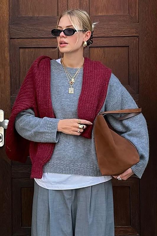 Gri Bisiklet Yaka Oversize Triko Kazak MG1972