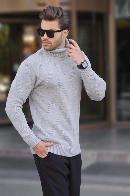 Gri Erkek Boğazlı Uzun Kollu Desenli Örme Kazak 7279