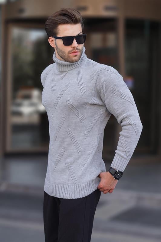Gri Erkek Boğazlı Uzun Kollu Desenli Örme Kazak 7279
