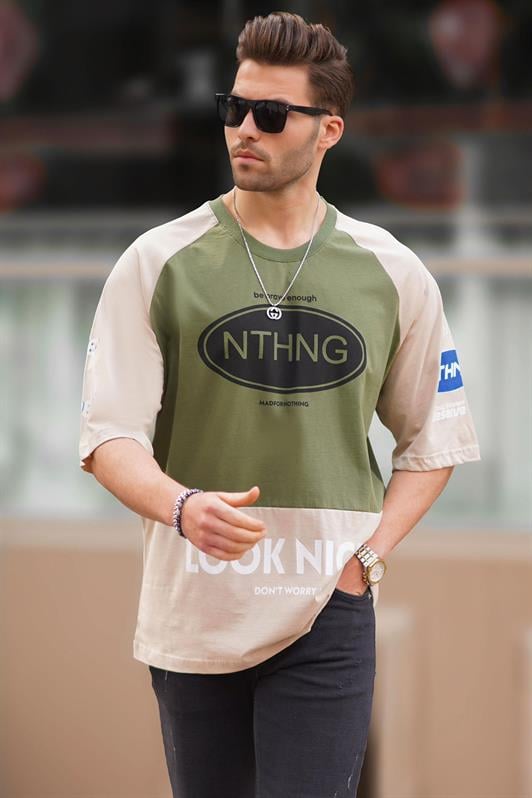 Haki Bisiklet Yaka Renk Bloklu Baskılı Erkek Tişört 7027