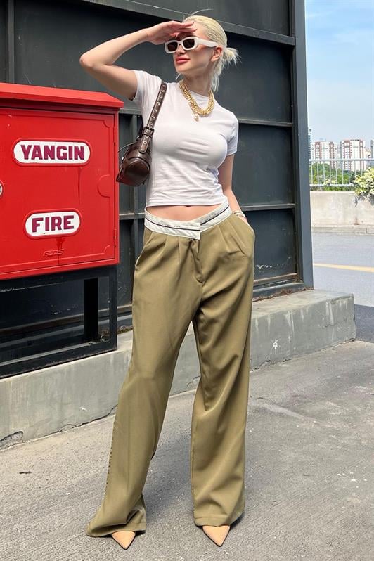 Haki Kemer Detaylı Bol Paça Kadın Pantolon MG1834