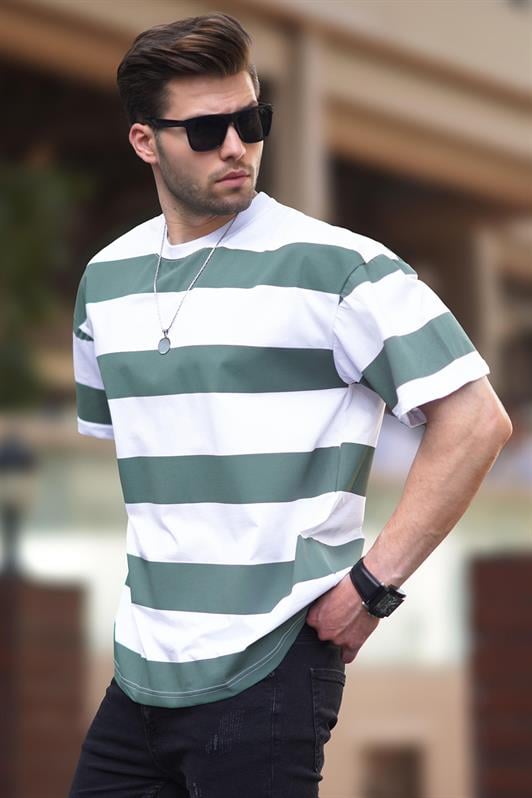 Haki Oversize Renk Bloklu Bisiklet Yaka Kısa Kollu Erkek Tişört 7030