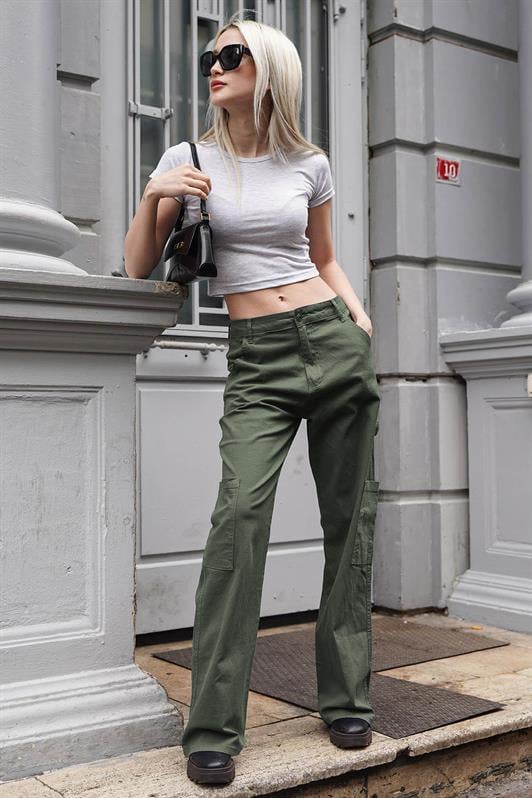 Haki Straight Fit Kadın Kargo Pantolon MG1601