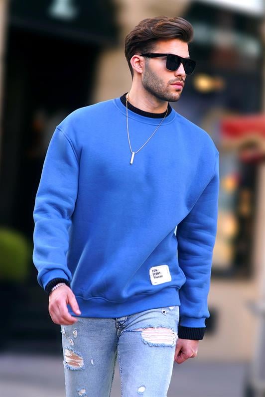 İndigo Erkek Bisiklet Yaka Oversize Şardonlu Arma Detaylı Erkek Sweatshirt 7043