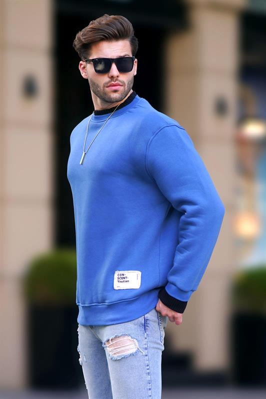 İndigo Erkek Bisiklet Yaka Oversize Şardonlu Arma Detaylı Erkek Sweatshirt 7043