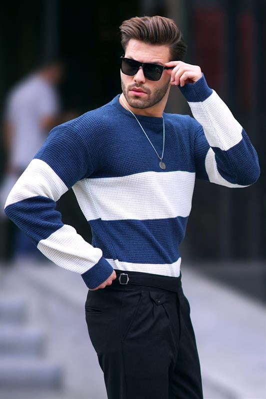 İndigo Erkek Bisiklet Yaka Renk Bloklu Uzun Kollu Örme Kazak 7236