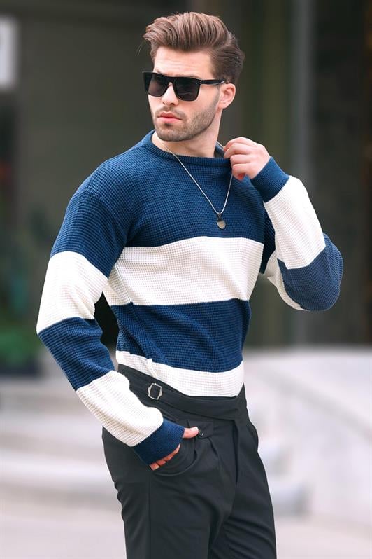 İndigo Erkek Bisiklet Yaka Renk Bloklu Uzun Kollu Örme Kazak 7236