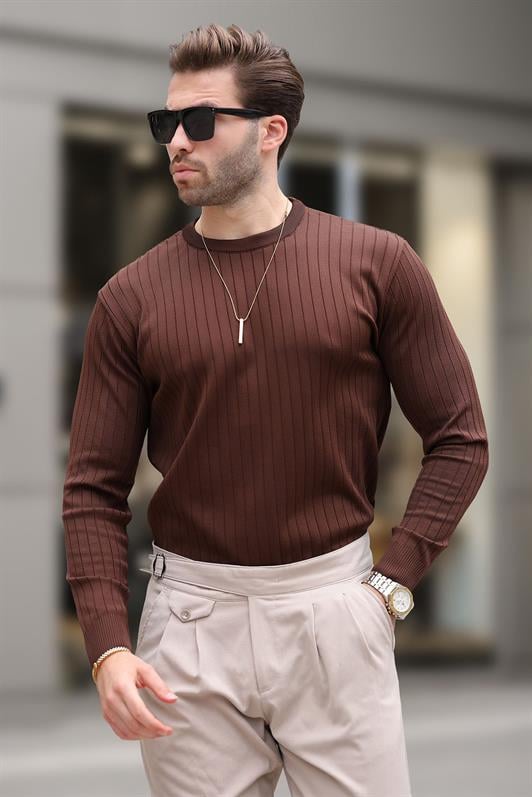 Kahverengi Bisiklet Yaka Çizgili Uzun Kollu  Kazak E7273