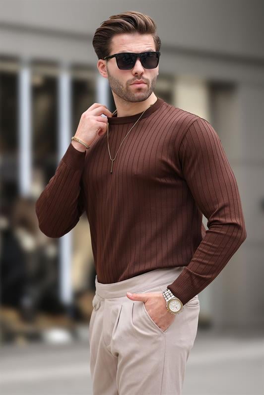 Kahverengi Bisiklet Yaka Çizgili Uzun Kollu  Kazak E7273