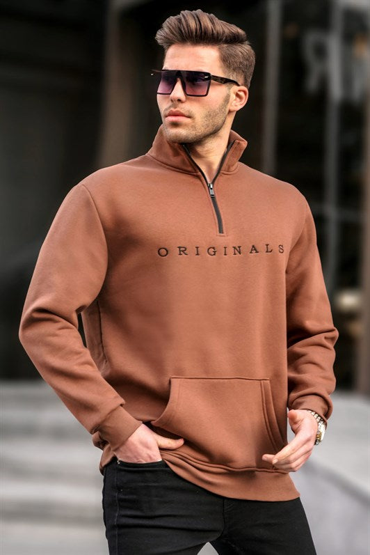 Kahverengi Fermuar Yaka Nakışlı Erkek Sweatshirt 6028