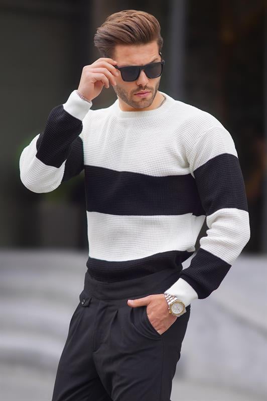 Vizon Erkek Bisiklet Yaka Renk Bloklu Uzun Kollu Örme Kazak 7236