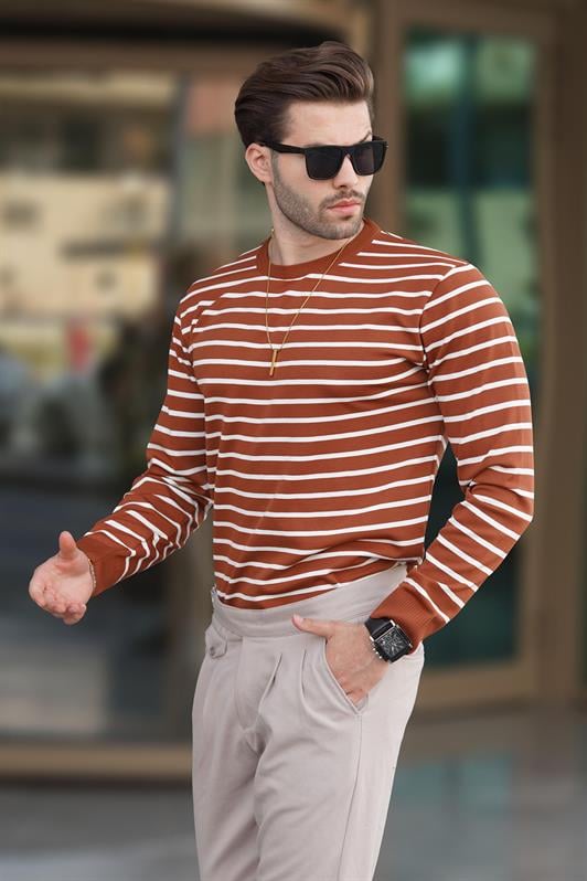 Kiremit Bisiklet Yaka Çizgili Erkek Kazak 7241