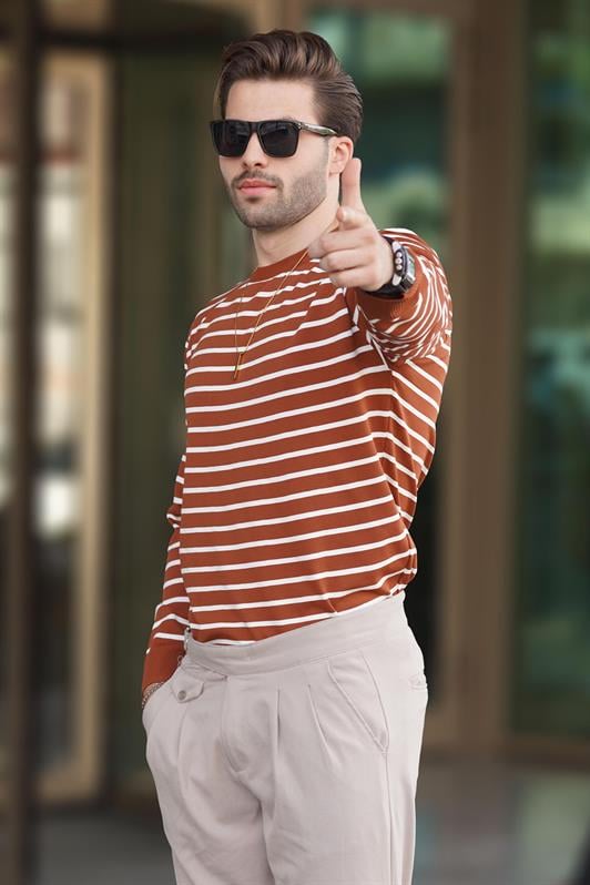 Kiremit Bisiklet Yaka Çizgili Erkek Kazak 7241