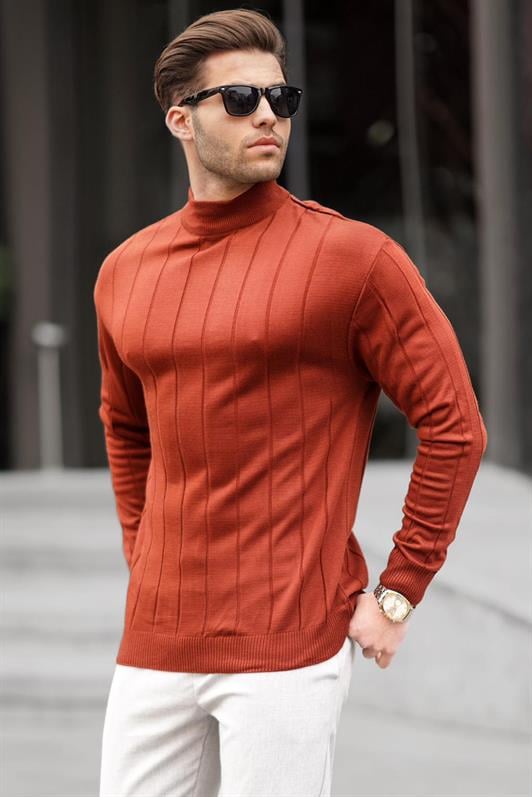 Kiremit Slim Fit Yarım Balıkçı Yaka  Çizgili Tüylenmeyen Erkek Triko Kazak 6344