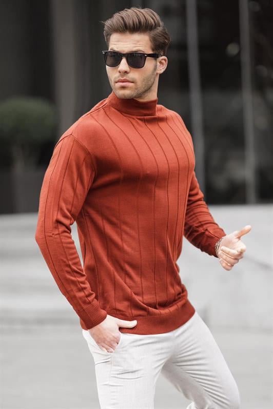 Kiremit Slim Fit Yarım Balıkçı Yaka  Çizgili Tüylenmeyen Erkek Triko Kazak 6344