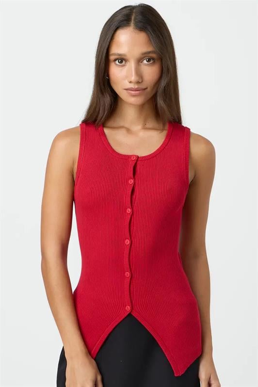 Kadın Kırmızı Sıfır Kol Düğmeli Örgü Kadın Tişört MG2102