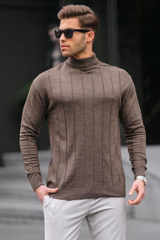 Koyu Kahverengi Slim Fit Yarım Balıkçı Yaka  Çizgili Tüylenmeyen Erkek Triko Kazak 6344