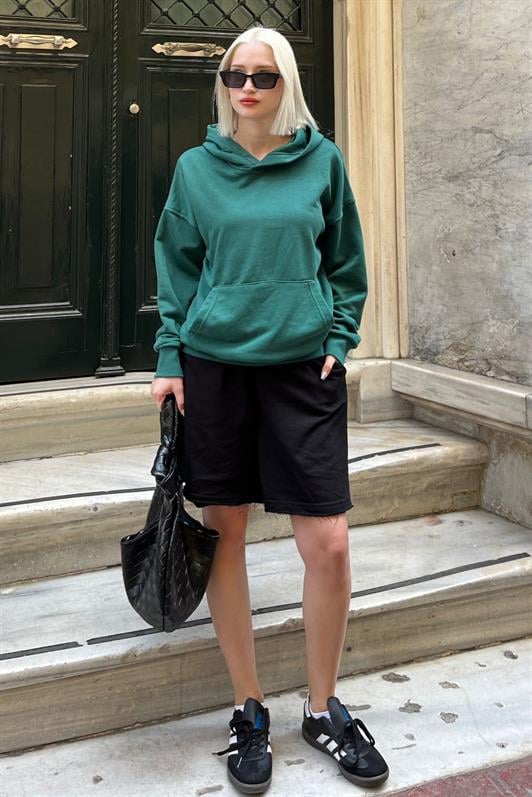 Koyu Yeşil Kapüşonlu Oversize Cepli Sweatshirt MG2207