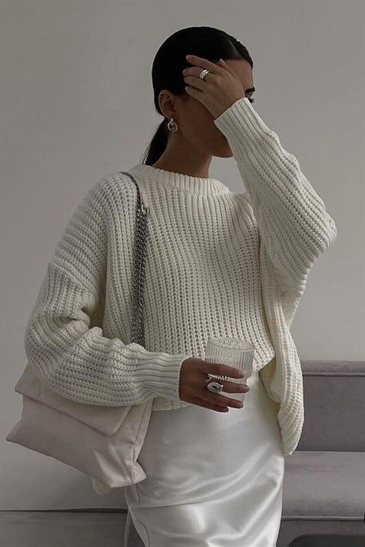 Krem Kadın Bisiklet Yaka Basic Kazak MG1264