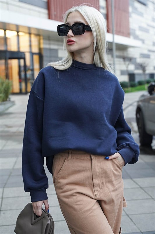 Lacivert Bisiklet Yaka Basic Kadın Sweatshirt MG1559
