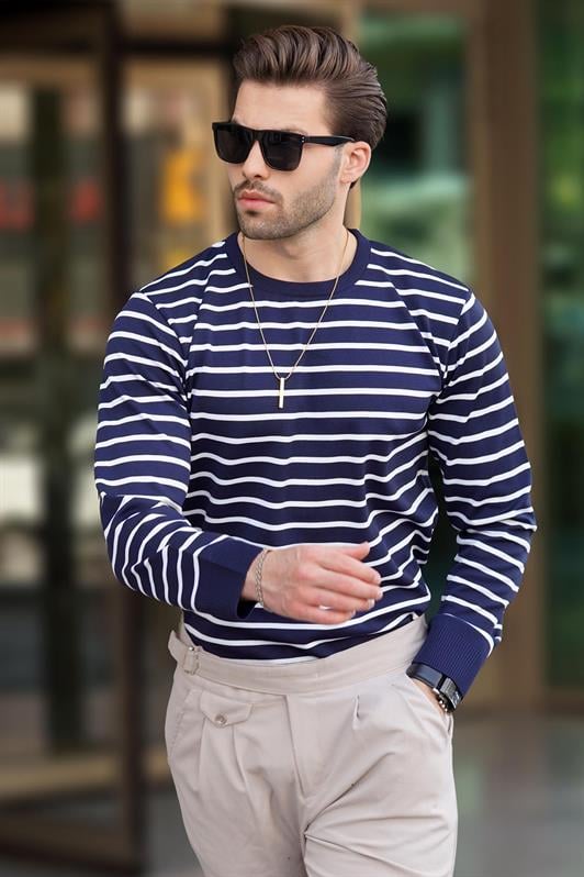 Lacivert Bisiklet Yaka Çizgili Erkek Kazak 7241