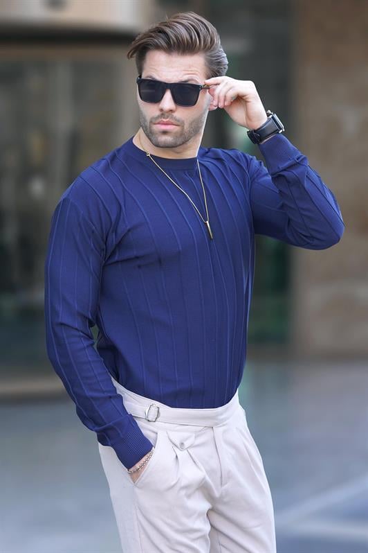 Lacivert Bisiklet Yaka Çizgili Uzun Kollu Erkek Kazak 7244