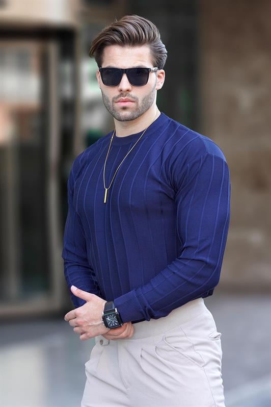 Lacivert Bisiklet Yaka Çizgili Uzun Kollu Erkek Kazak 7244