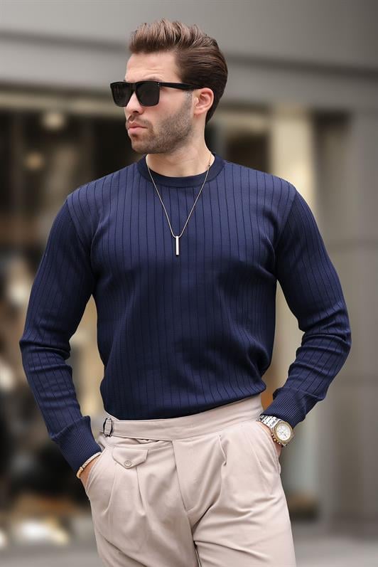 Lacivert Bisiklet Yaka Çizgili Uzun Kollu  Kazak E7273