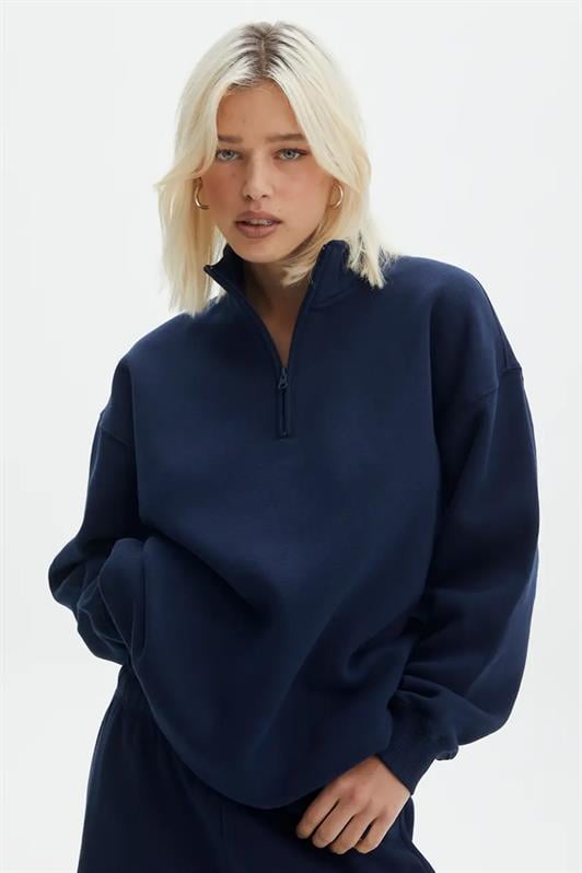Lacivert Kadın Fermuar Detaylı Oversize Sweatshirt MG1933