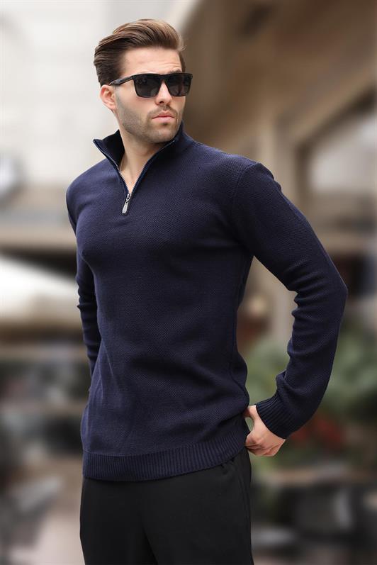 Lacivert Fermuar Yaka Uzun Kollu Örme Kazak 7286