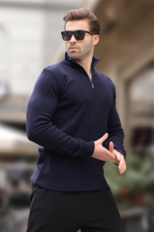 Lacivert Fermuar Yaka Uzun Kollu Örme Kazak 7286